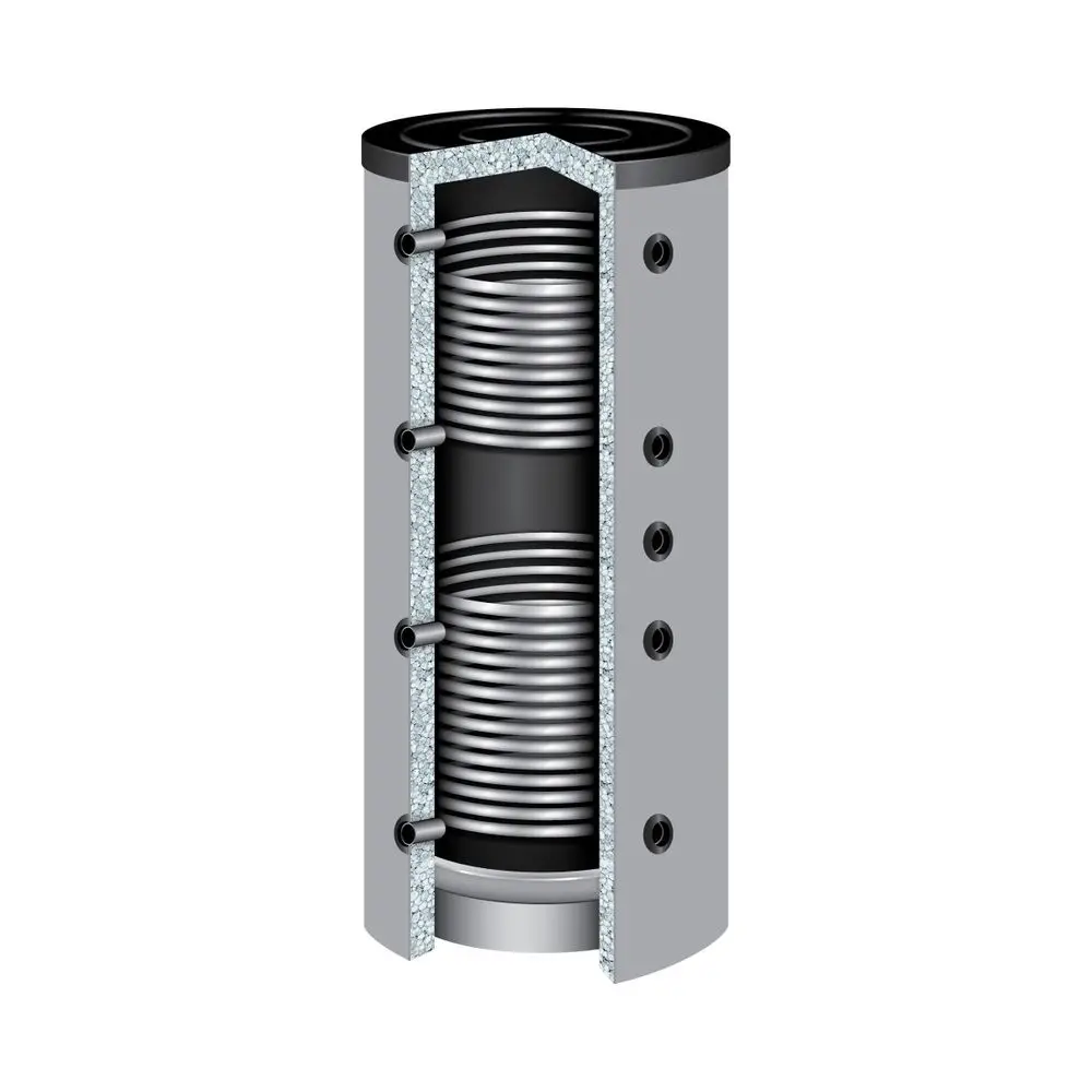 Zylinderförmiger TWL Pufferspeicher mit angeschnittenem Querschnitt, zwei innenliegenden spiralförmigen Wärmetauschern, Metallkorpus und mehreren seitlichen Anschlussöffnungen.