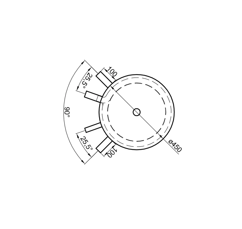 Technische Zeichnung eines TWL Pufferspeichers mit drei Rohranschlüssen im 90°-Winkel und einem Durchmesser von 450 mm.