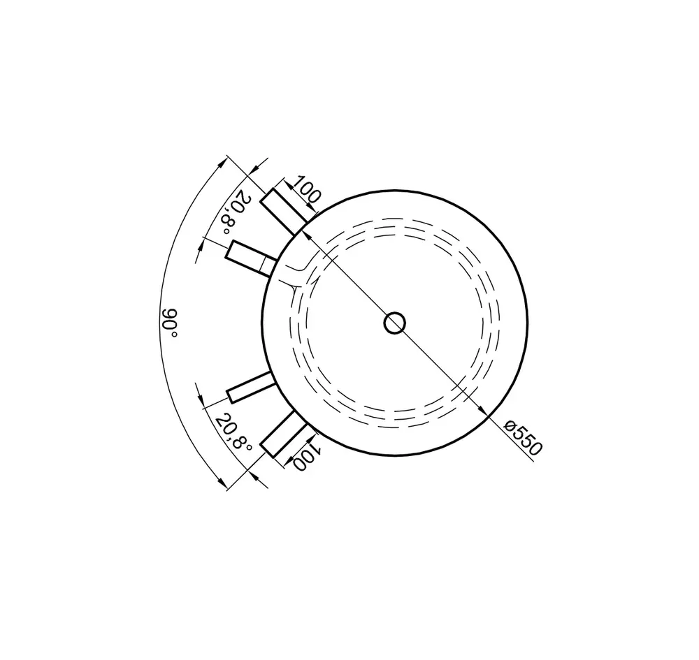 Technische Zeichnung eines TWL Pufferspeichers mit 550 mm Durchmesser, mehreren Rohranschlüssen und Winkeln von 20,8° und 90°.