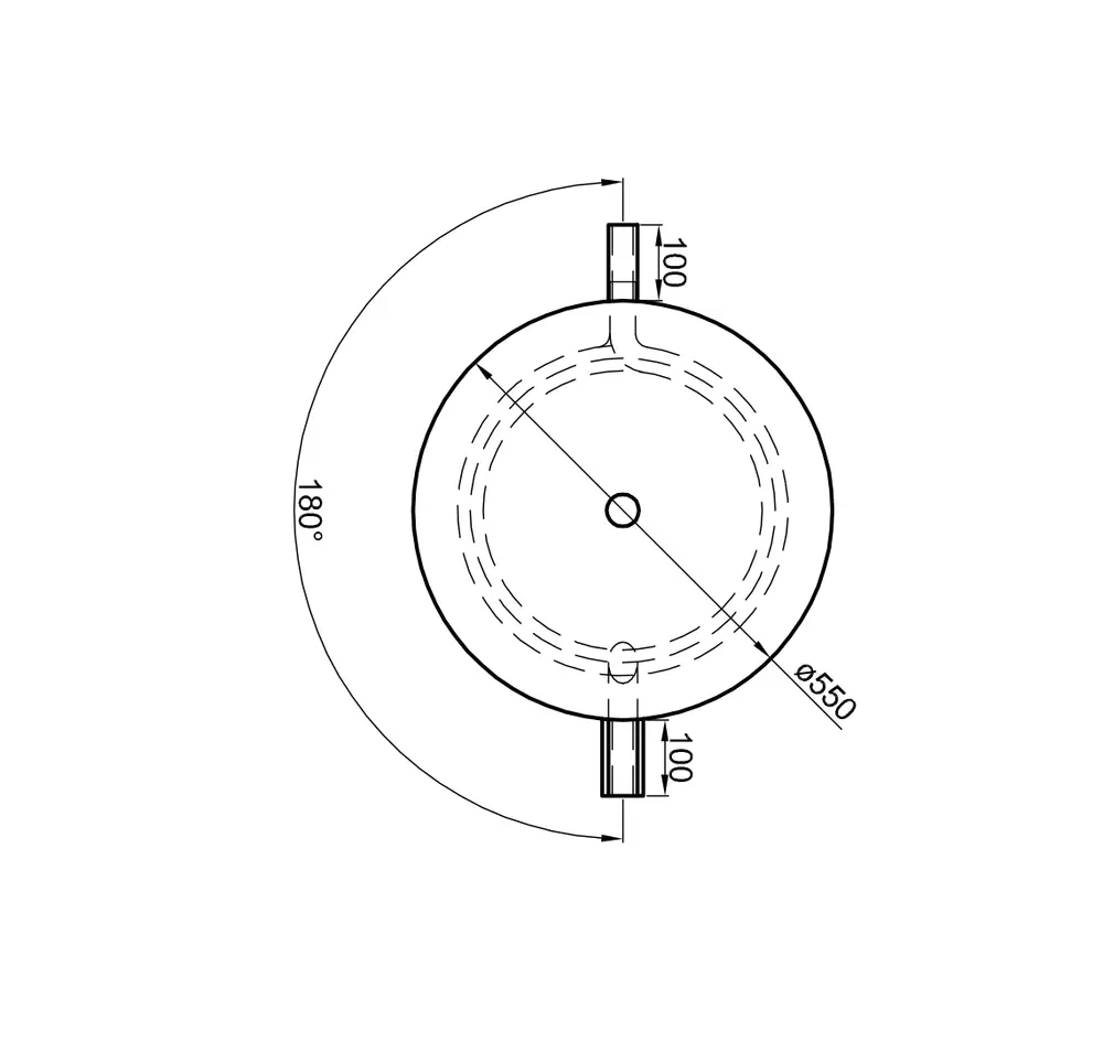 Runder TWL-Pufferspeicher mit einem Durchmesser von 550 mm, zwei seitlichen Anschlüssen mit 100 mm Abstand und 180°-Winkel, schematisch dargestellt.