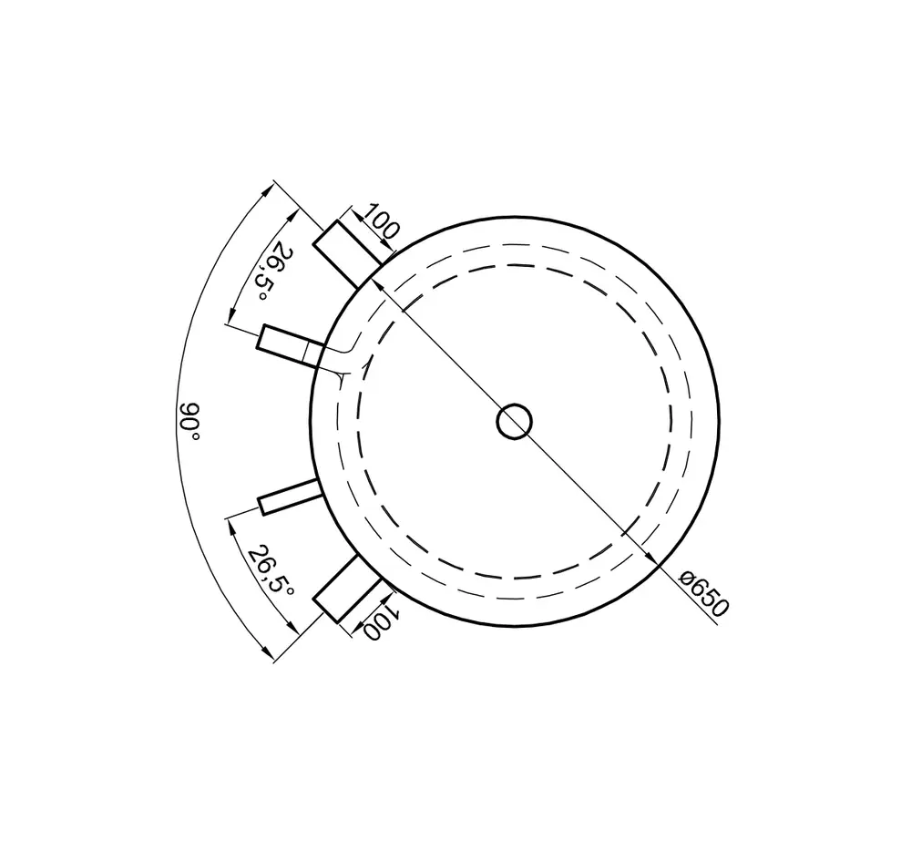 Technische Zeichnung eines Pufferspeichers von TWL mit kreisförmigem Grundriss, zahlreichen Anschlüssen, zwei sichtbaren Wärmetauschern bei 90 Grad und einem Durchmesser von 650 mm.