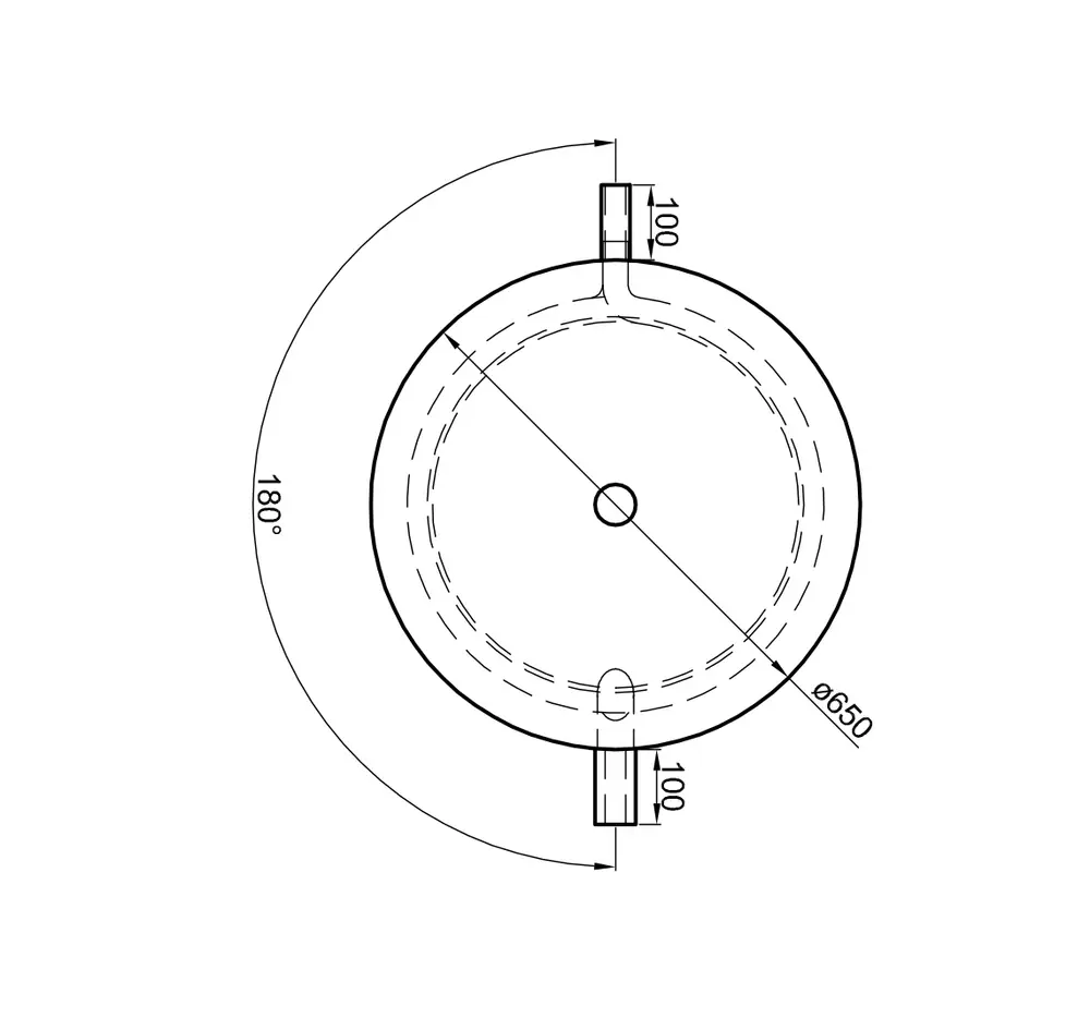 TWL Pufferspeicher Zeichnung, runder Querschnitt mit zwei seitlichen Anschlüssen und 650 mm Durchmesser, sowie einem 180°-Winkel.