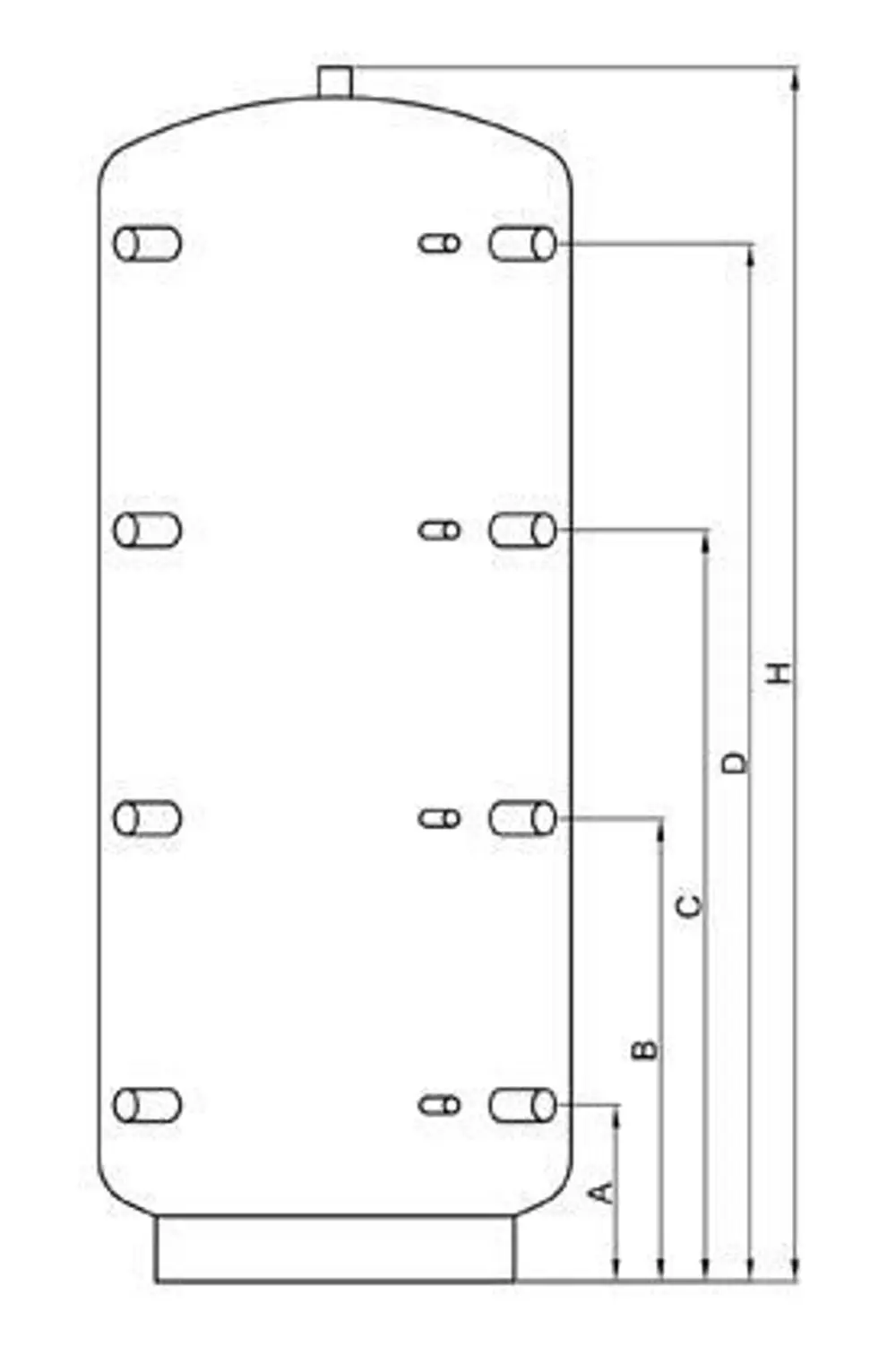 TWL Pufferspeicher mit mehreren seitlichen Anschlüssen und vertikaler Zylinderform, schematische Zeichnung mit Maßpositionen, keine spezifischen Größenangaben.