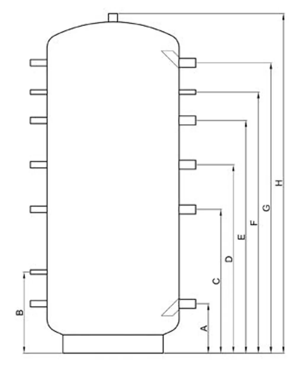 TWL Pufferspeicher mit mehreren Anschlussmöglichkeiten, dargestellt in schematischer Ansicht mit angezeigten Maßnahmen an den Seiten.
