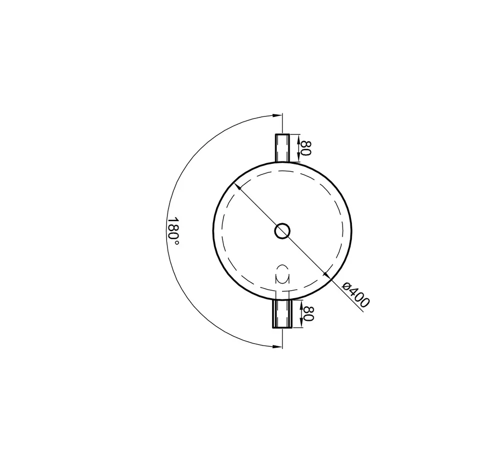 Technische Zeichnung eines Pufferspeichers mit einem Durchmesser von 400 mm und zwei Anschlüssen, ausgeführt von TWL. Sichtbare Maße und ein Winkel von 180°.