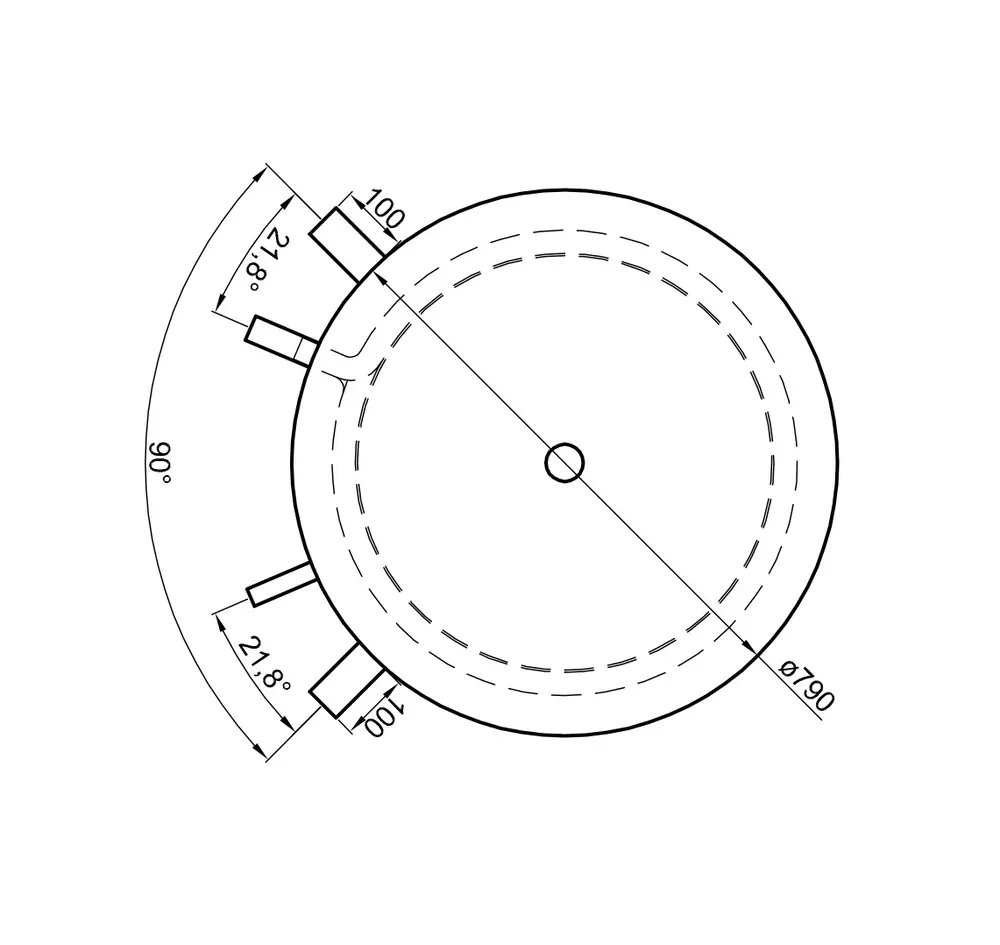 Technische Zeichnung eines Pufferspeichers von TWL mit zwei Wärmetauschern. Rundes Design mit Durchmesserangabe und Winkelmaß.