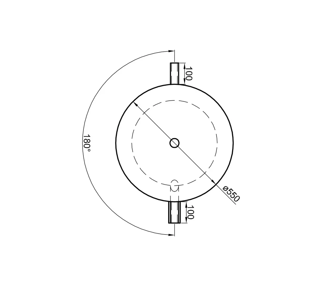 Technische Zeichnung eines Pufferspeichers von TWL mit einem Durchmesser von 550 mm und einer Höhe von 100 mm, mit 180°-Rundung und zwei Anschlussstutzen.