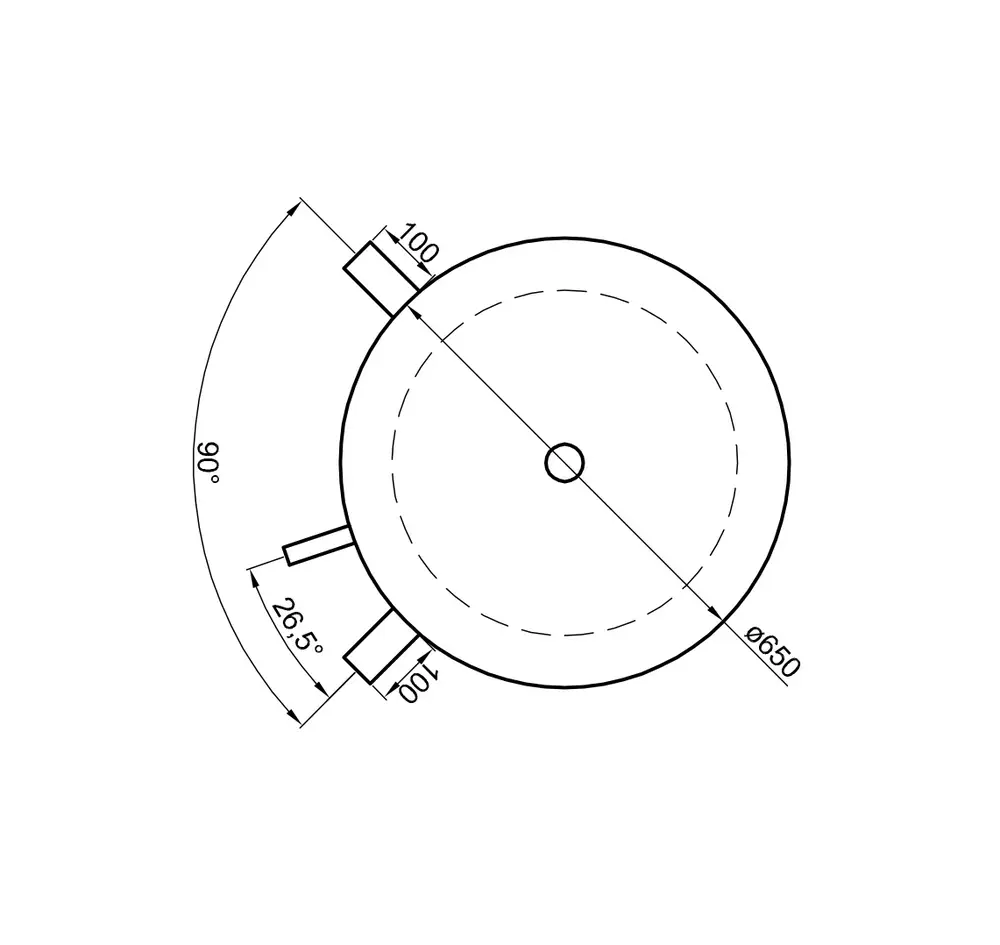 Kreisförmiger TWL Pufferspeicher mit zwei seitlichen Anschlüssen, Darstellung aus der Draufsicht, mit Maßangaben und einem Durchmesser von 650 mm.