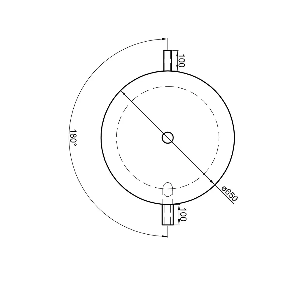 Technische Zeichnung eines Pufferspeichers von TWL mit Ø650 mm, zwei Anschlüssen und einem 180° Maßbogen.
