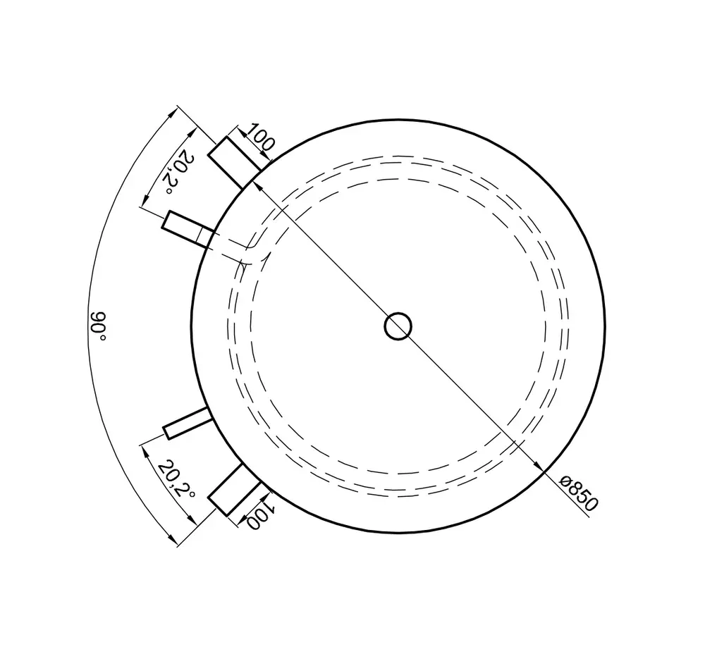 Kreisförmiger Wärmespeicher mit zwei Anschlüssen und einem Durchmesser von 850 mm, dargestellt in technischer Zeichnung, von TWL.