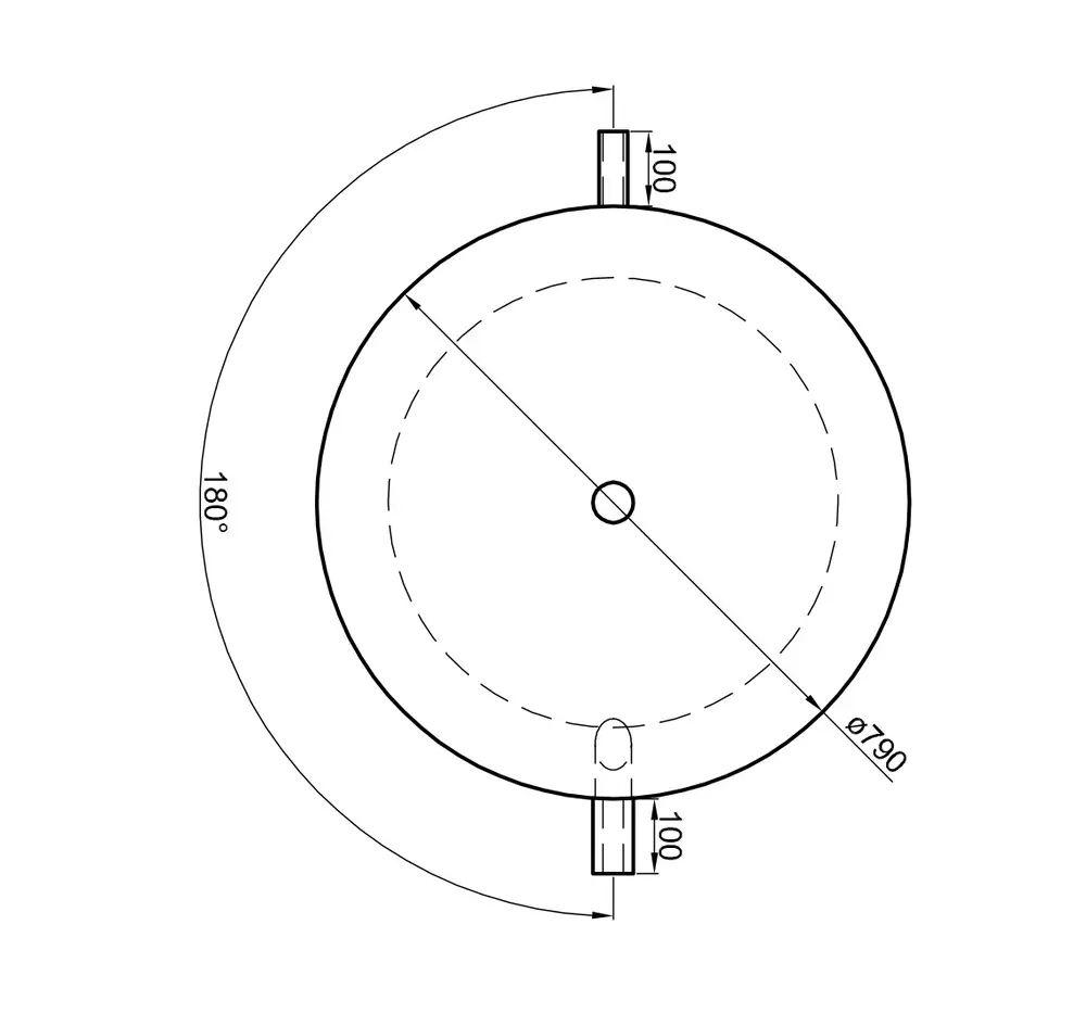 TWL Pufferspeicher, schematische Darstellung, runde Form mit zwei Anschlüssen, Durchmesser von 790 mm, Maßlinien und Beschriftungen für technische Details.
