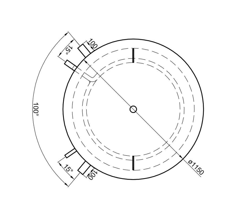Technische Zeichnung eines Pufferspeichers von TWL mit zwei Wärmetauschern und einem Durchmesser von 1150 mm, einschließlich Winkel- und Maßangaben.