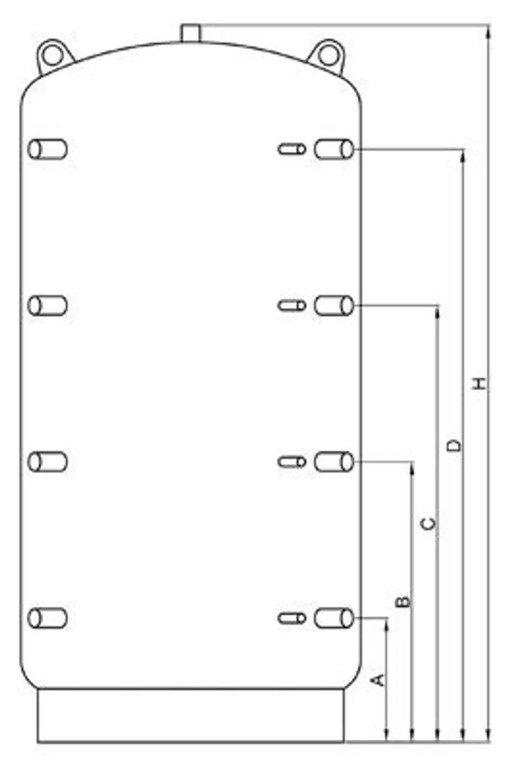 Schematische Darstellung eines TWL Pufferspeichers mit Anschlussbohrungen und Maße für A, B, C, D und H.