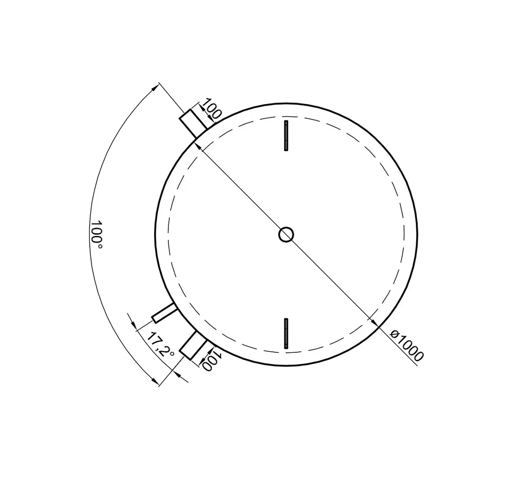 TWL Pufferspeicher, runde Form mit Durchmesser und Anschlussstellen, Details zu Winkel und Maße für technische Anwendung.