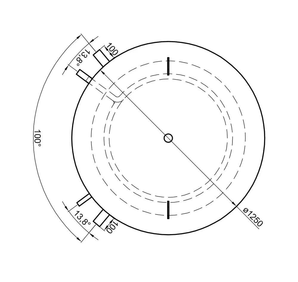 Zylindrischer Pufferspeicher mit zwei Anschlüssen und Skala. Umriss und Maße sind schematisch dargestellt. Produkt von TWL.