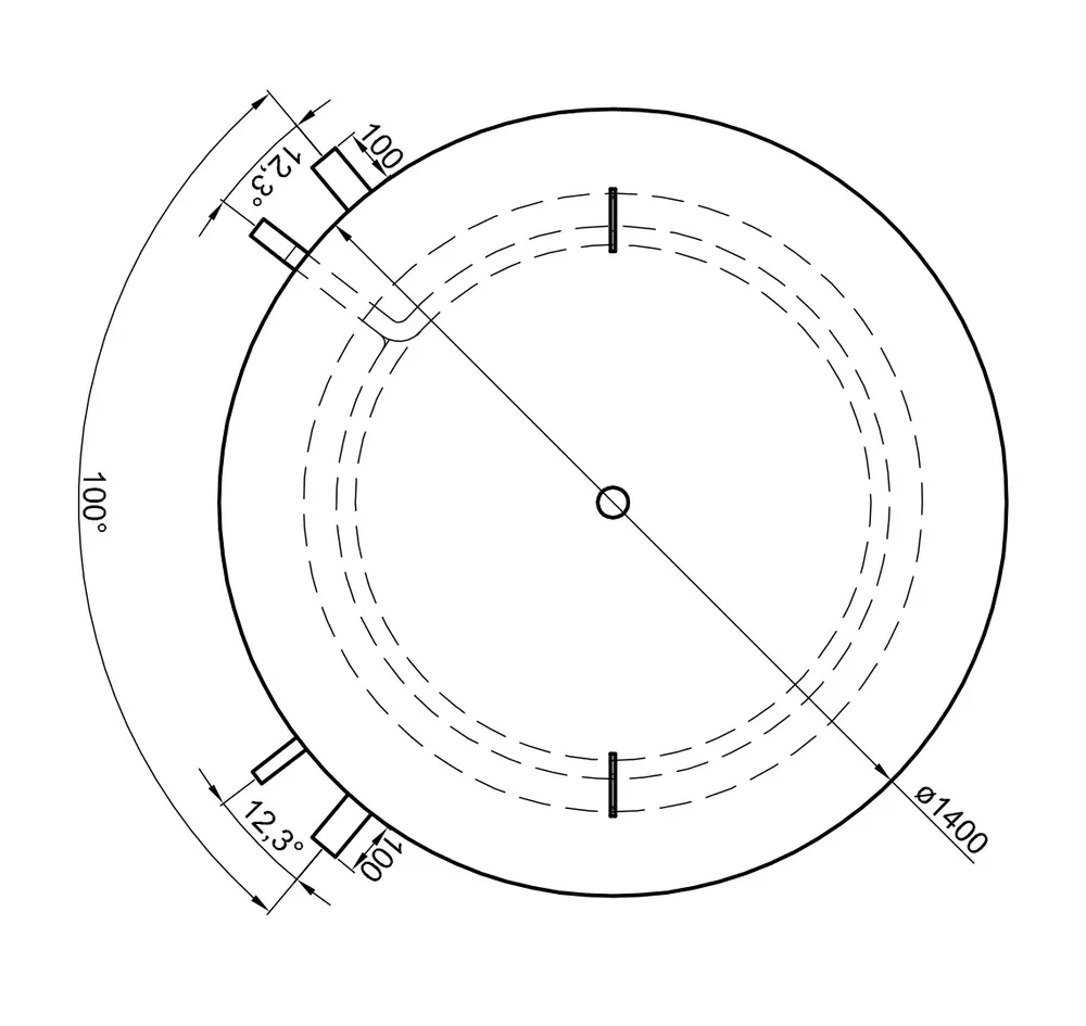 Schemariss eines Pufferspeichers von TWL mit zwei Wärmetauschern. Rundes Design mit Maßangaben, inklusive Temperatur- und Durchmesserangaben.