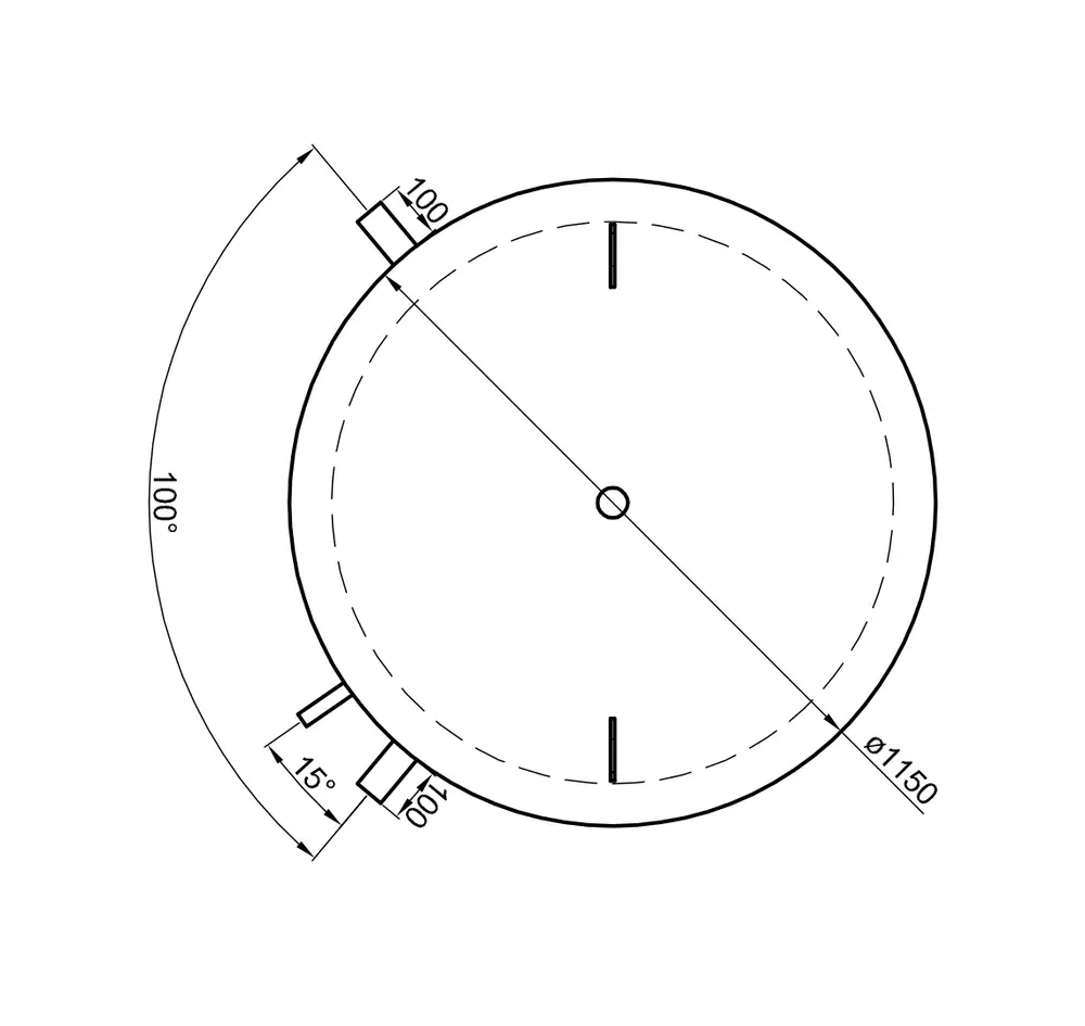Schematische Darstellung eines TWL Pufferspeichers mit einem Durchmesser von 1150 mm und einem Neigungswinkel von 100° auf einer technischen Zeichnung.