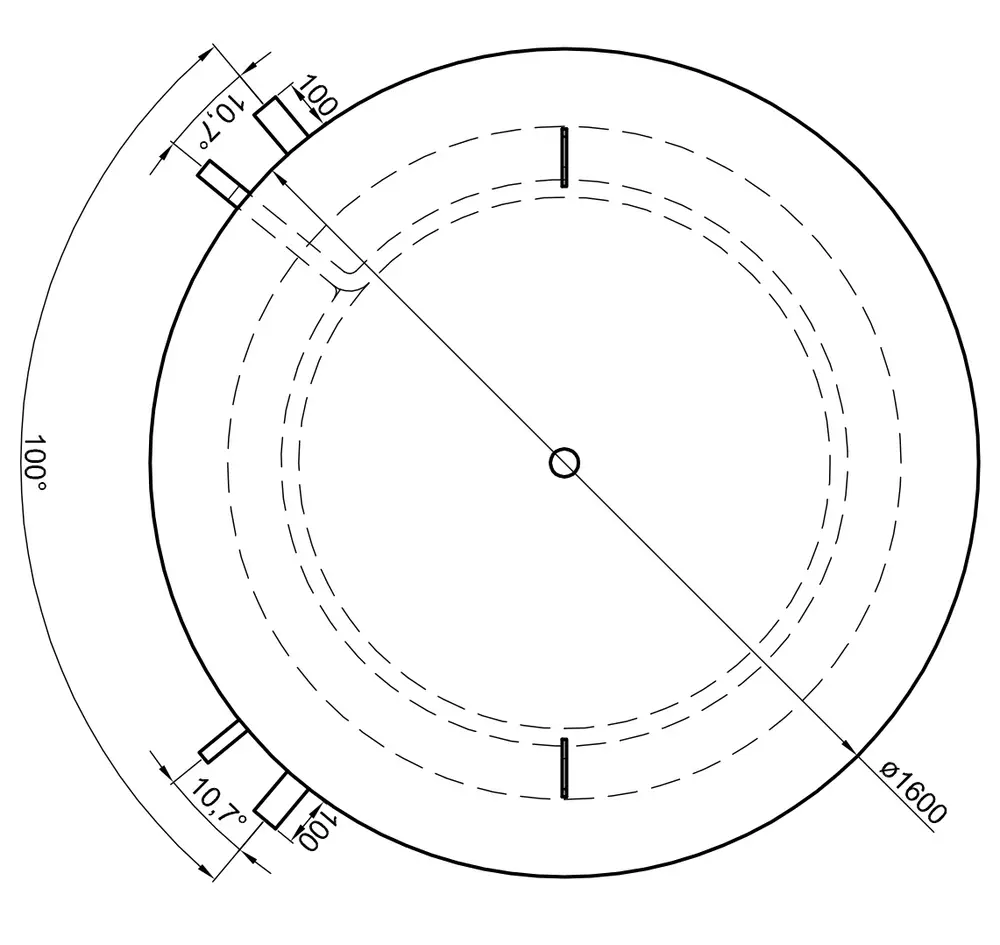 Technische Zeichnung eines Pufferspeichers von TWL mit zwei Wärmetauschern und einem Durchmesser von 1600 mm. Maße und Winkelangaben sind deutlich dargestellt.