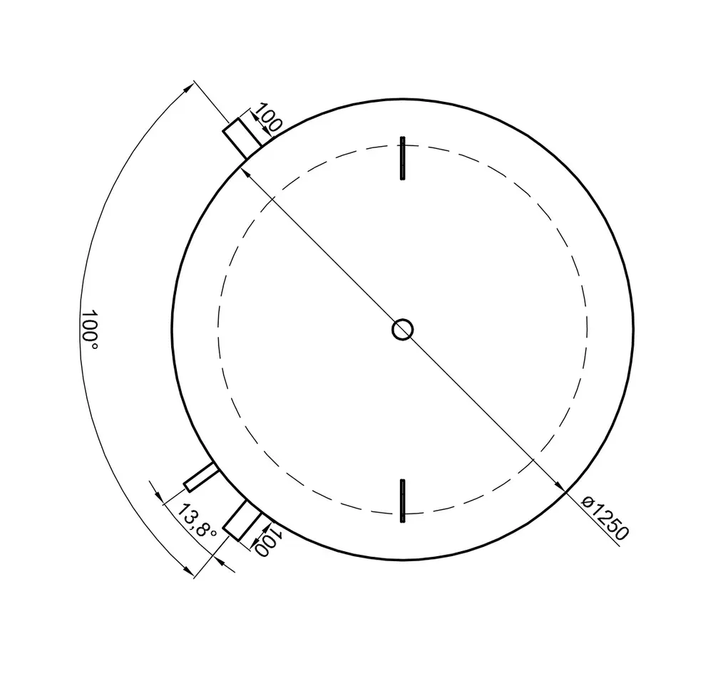 TWL Pufferspeicher mit Darstellung in Draufsicht, einem Durchmesser von 1250 mm und zwei Anschlussstutzen in verschiedenen Positionen sowie einem Maß von 13,8°.