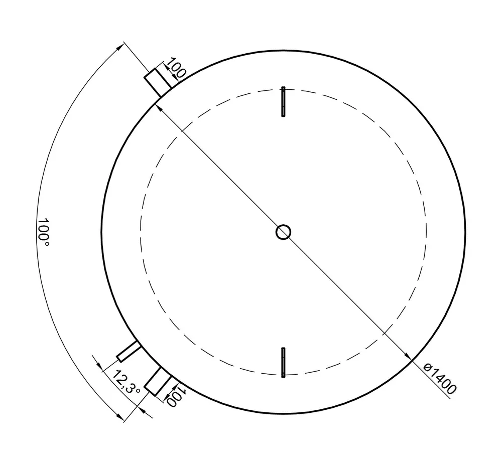 Schematik eines Pufferspeichers mit kreisförmigem Design von TWL. Maße und Anschlusspositionen sind dargestellt.