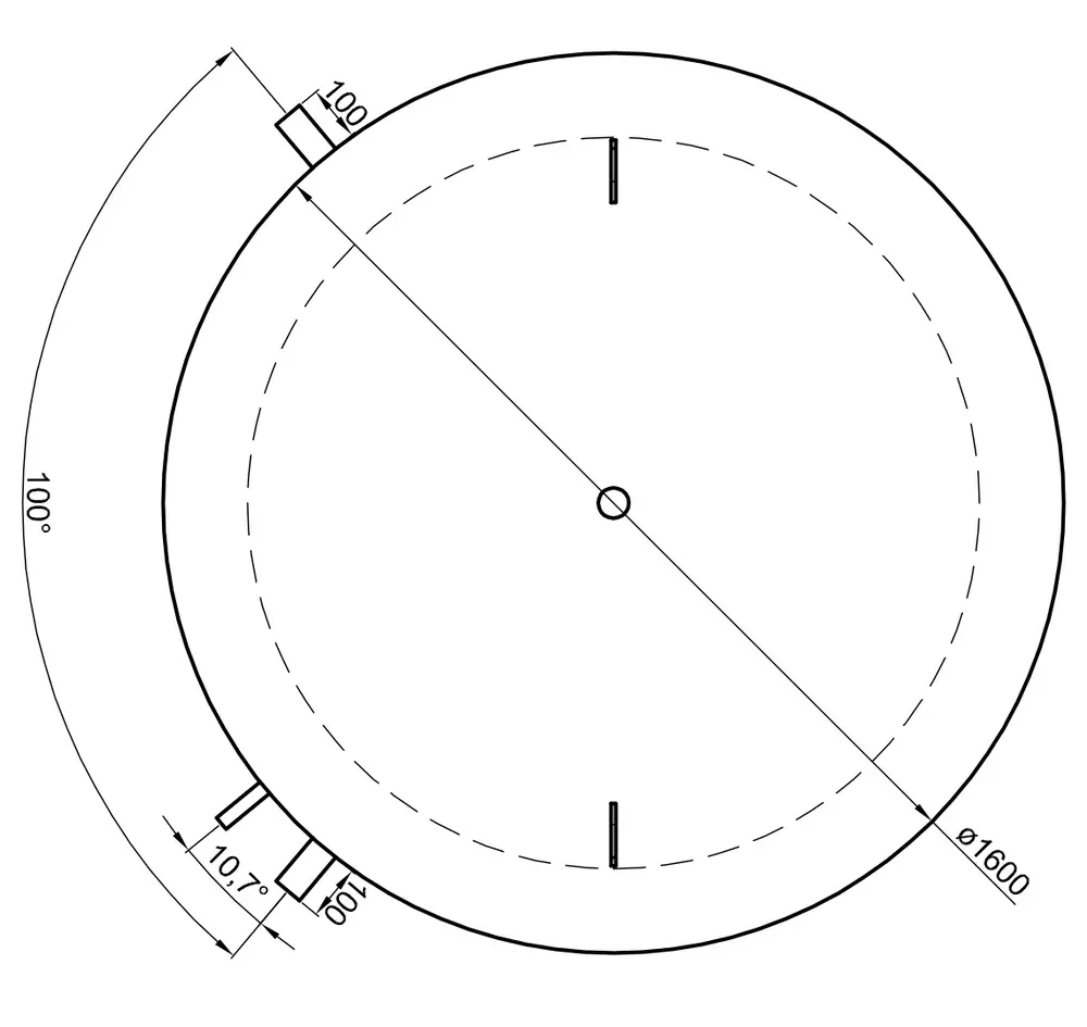 TWL Pufferspeicher, schematische Zeichnung mit angedeutetem Durchmesser von 1600 mm und Anbaumaßen, dargestellt in Draufsicht.