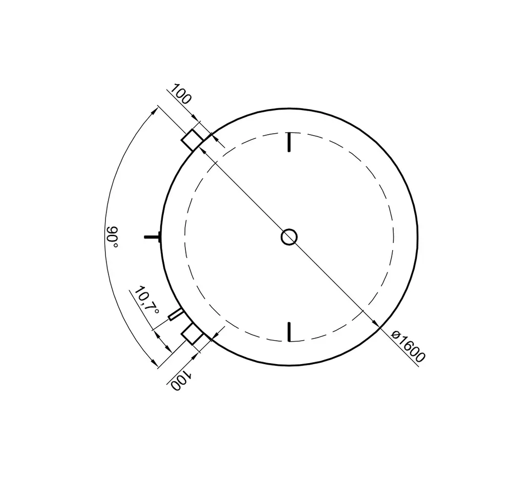 TWL Pufferspeicher, schematische Zeichnung mit Rundung und Anschlussdetails, Durchmesser 1600 mm, 90° Winkel und Maßangaben auf der Zeichnung.