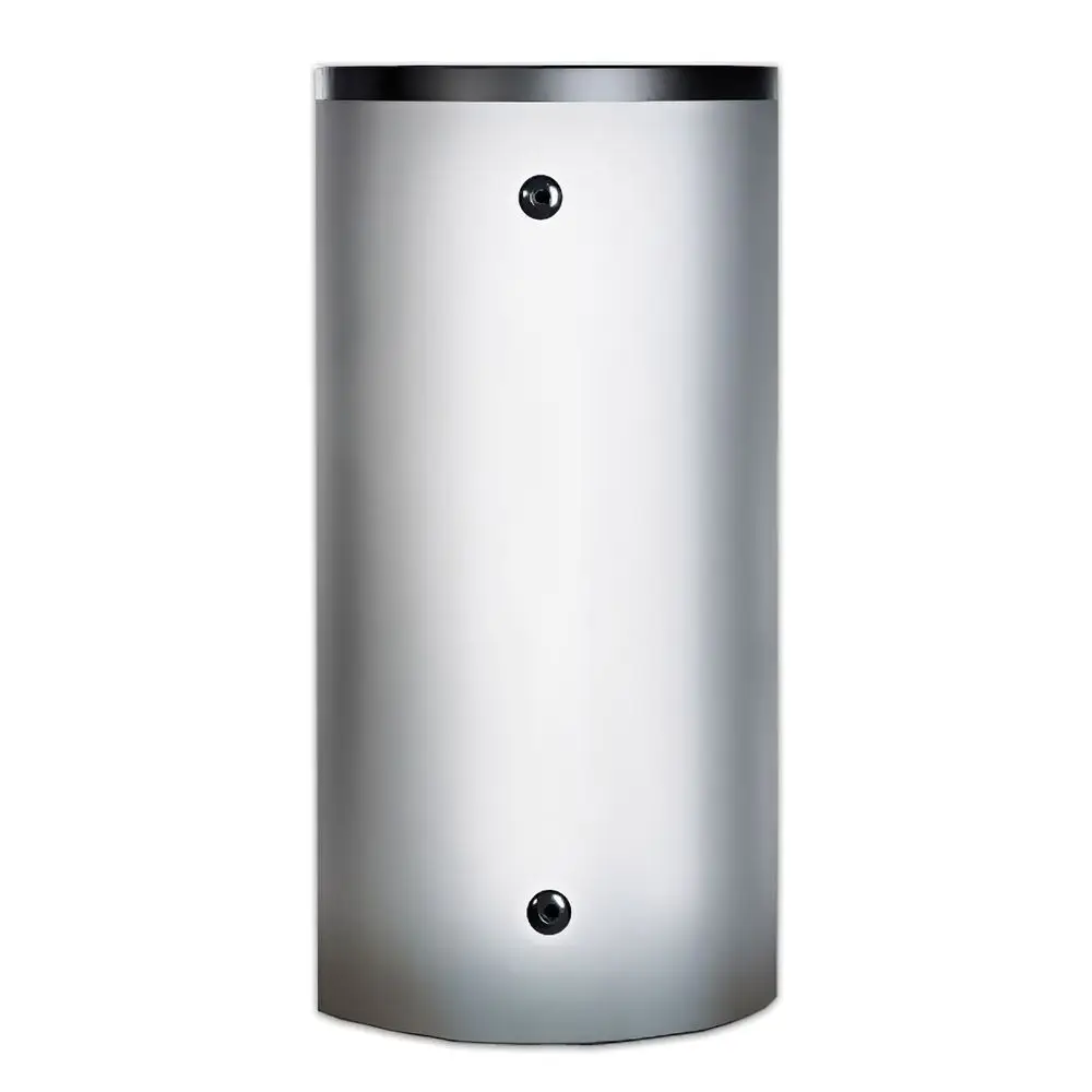 TWL Hochleistungs-Pufferspeicher in zylindrischer Form, mit glatter silberner Oberfläche und zwei Entlüftungsöffnungen, zur Energieeffizienz und Wärmeübertragung.