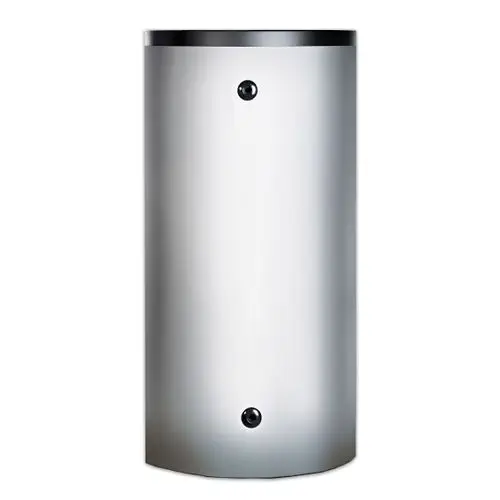 TWL Hochleistungs-Pufferspeicher in zylindrischer Form, mit glatter silberner Oberfläche und zwei Entlüftungsöffnungen, zur Energieeffizienz und Wärmeübertragung.