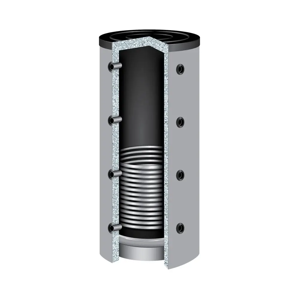 TWL Pufferspeicher in zylindrischer Form, mit einem integrierten Wärmetauscher und mehreren Öffnungen zur Anbindung, sichtbar in einer Schnittansicht.
