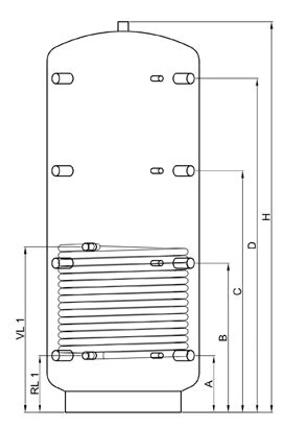 Technische Zeichnung eines TWL Pufferspeichers mit Wärmetauscher. Darstellung zeigt Maße und Anschlüsse, geeignet für Wärmeversorgungssysteme.