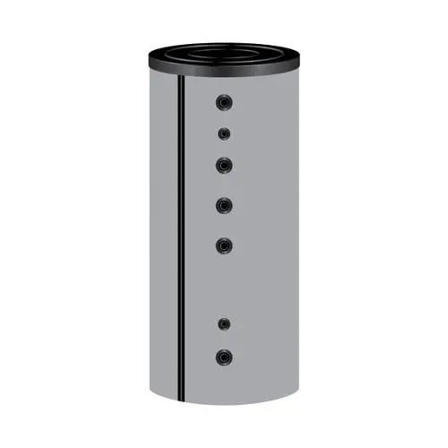 TWL Pufferspeicher, zylindrische Form in Grau mit mehreren Anschlüssen, geeignet für Wärmeaustausch, zeigt die Anschlüsse seitlich an.