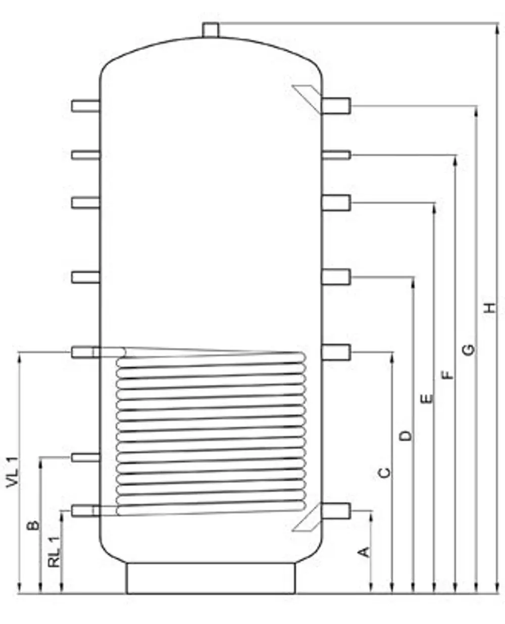 TWL Pufferspeicher mit mehreren Anschlüssen und einem integrierten Wärmetauscher, abgebildet in einer schematischen Planung.