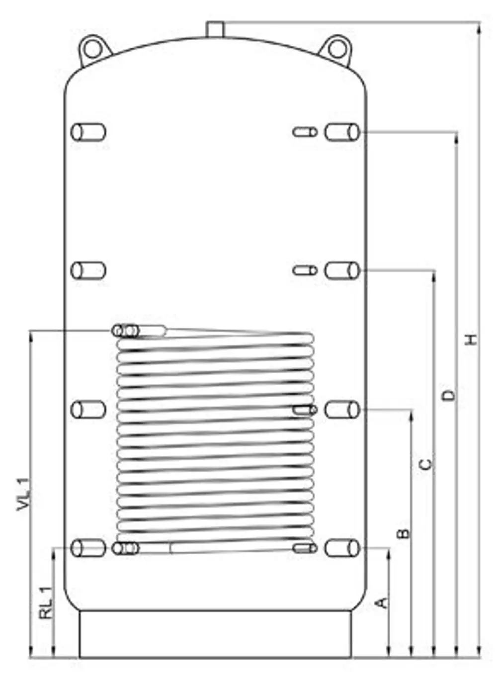 TWL Pufferspeicher mit integrierten Wärmetauscher, gezeichnete Ansicht mit Maßlinien und Anschlussspots für Installation.