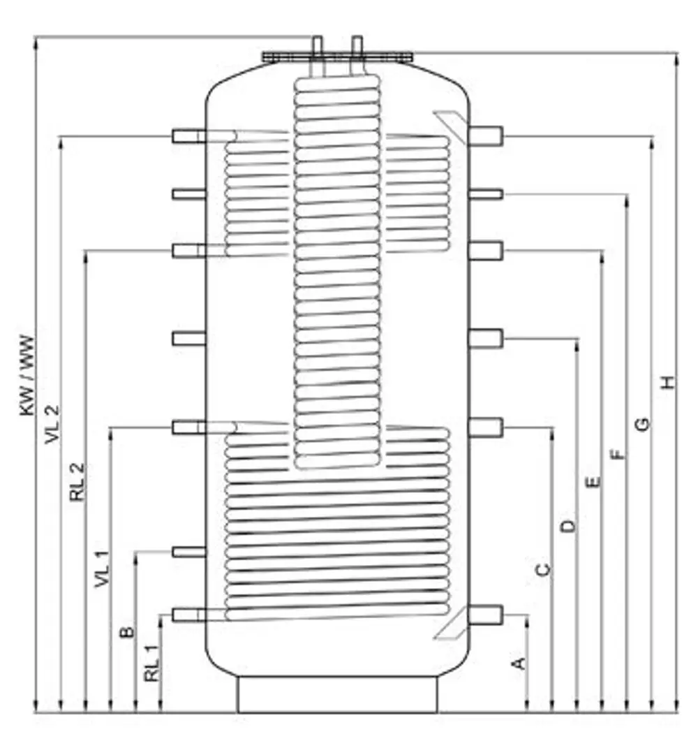 Technische Zeichnung eines Hygiene-Kombispeichers mit zwei Wärmetauschern. Darstellung von Anschlüssen, Dimensionen und Positionierung. Produkt von TWL.