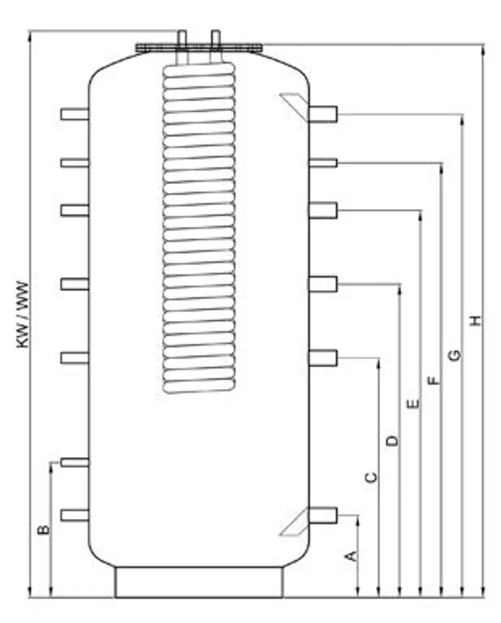 TWL Hygiene-Kombispeicher, vertikal, mit mehrfachen Anschlüssen oder Leisten für Wasserleitungen, dargestellte Abmessungen und technische Details schematisch.