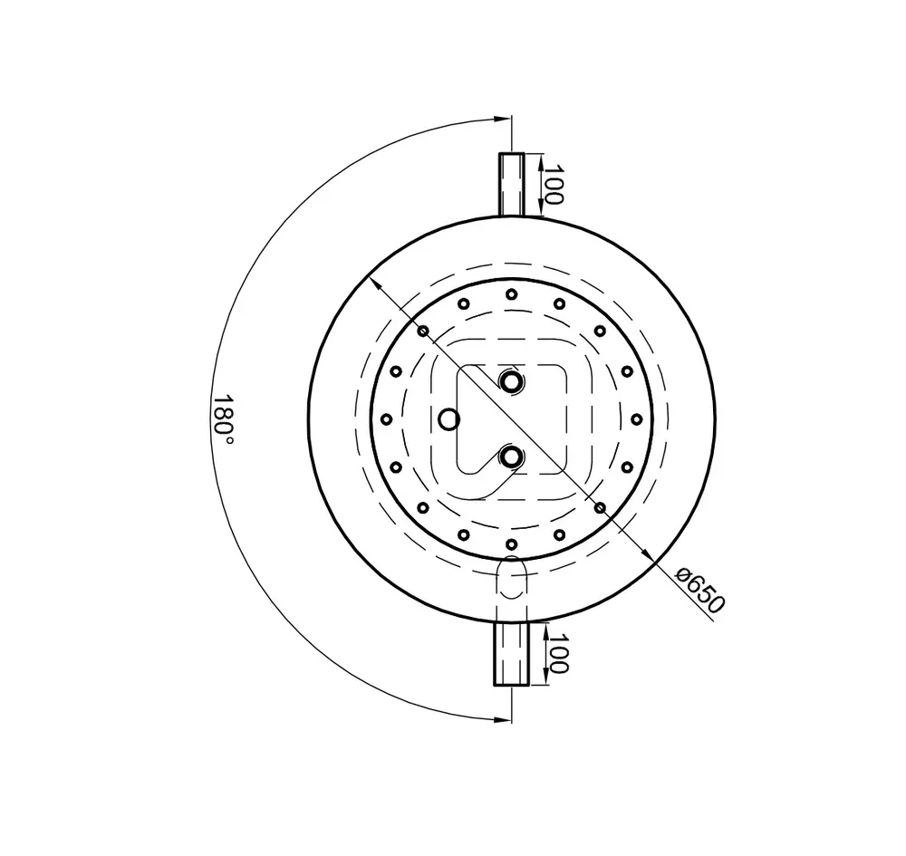 TWL Hygienespeicher, runde Form mit Anschlussleitungen, Maßskizze und Kennzeichnungen. Darstellung der technischen Details und Schnittlinien in einem einheitlichen Design.