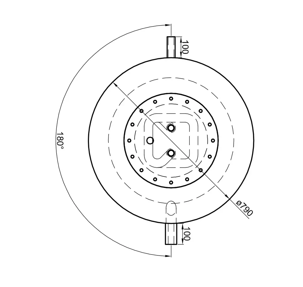 Obenansicht eines zylindrischen TWL Hygiene-Kombispeichers mit zwei Anschlussleitungen, einem Durchmesser von 790 mm und 180° Skala. Technische Details nicht sichtbar.