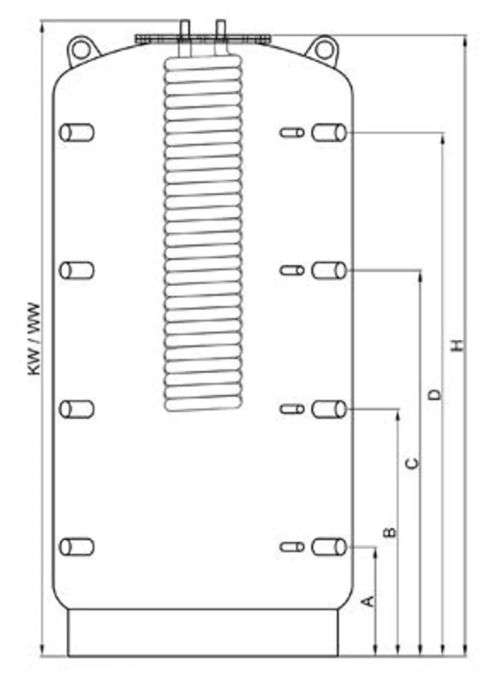 Schemazeichnung eines Hygiene-Kombispeichers von TWL mit Anschlussmöglichkeiten und Dimensionen. Enthält ein Spiralrohr für die Wärmeübertragung.