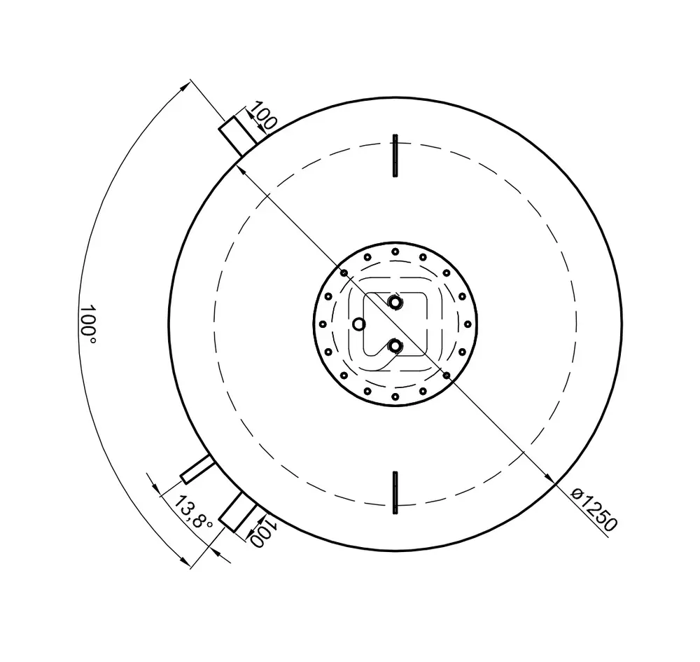 Technische Zeichnung eines runden Wasserbehälters von TWL mit Anschlüssen und Maßangaben für Durchmesser und Winkel. Klar dargestellt sind die Anschlussstellen und der zentrale Bereich.