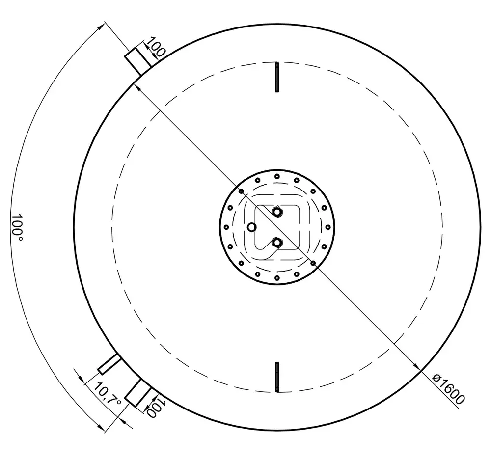 TWL Hygiene-Kombispeicher, Ansicht von oben, kreisförmiges Design mit zentralem Montagebereich und seitlichen Anschlüssen. Maßzeichnungen am Rand vorhanden.