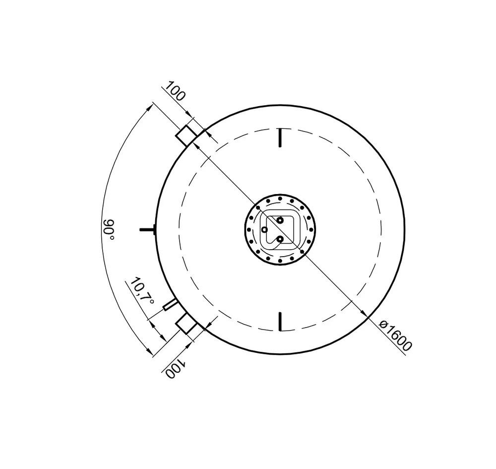 Technische Zeichnung eines runden Speichers mit Durchmesser, Anschlussdetails und einem zentralen Verbindungselement, hergestellt von TWL.