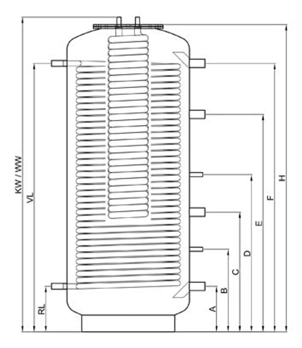 Diagramm eines TWL Hochleistungs-Hygiene-Kombispeichers mit mehreren Anschlüssen und Wärmetauscher. Maße und Anschlusspositionen sind deutlich dargestellt.