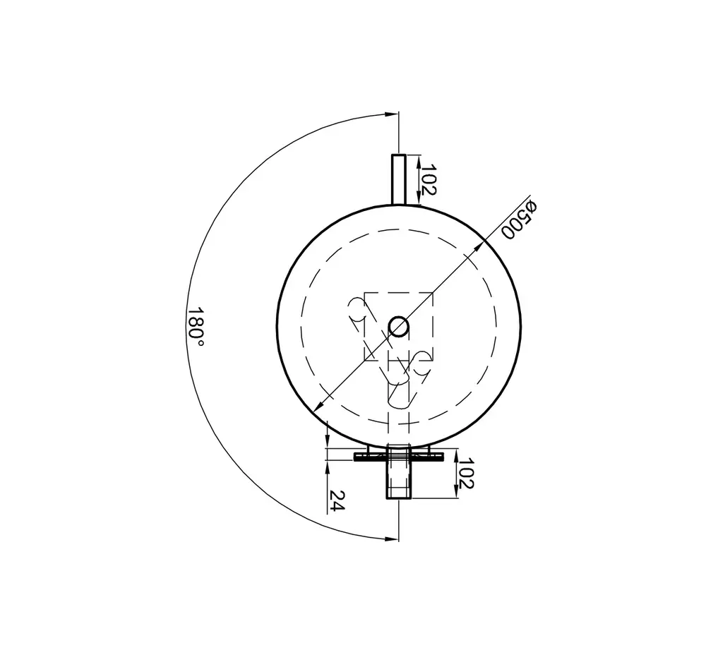 Grafische Darstellung eines Pufferspeichers mit Rundform. TWL-Logo sichtbar, Maße und Details sind schematisch eingezeichnet. Elemente zur Befestigung am Gerät erkennbar.