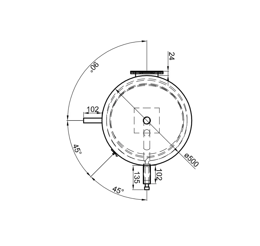 Erdwärmespeicher mit rundem, flachem Design, seitlichen Anschlüssen und einer Kuppel, abgebildet im technischen Plan. Hersteller TWL.