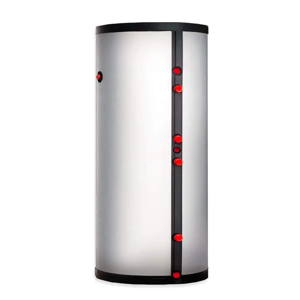 Edelstahl-Solarspeicher von TWL mit runder, schmaler Form und mehreren roten Kontrollleuchten an der Seite, platziert auf einem neutralen Hintergrund.
