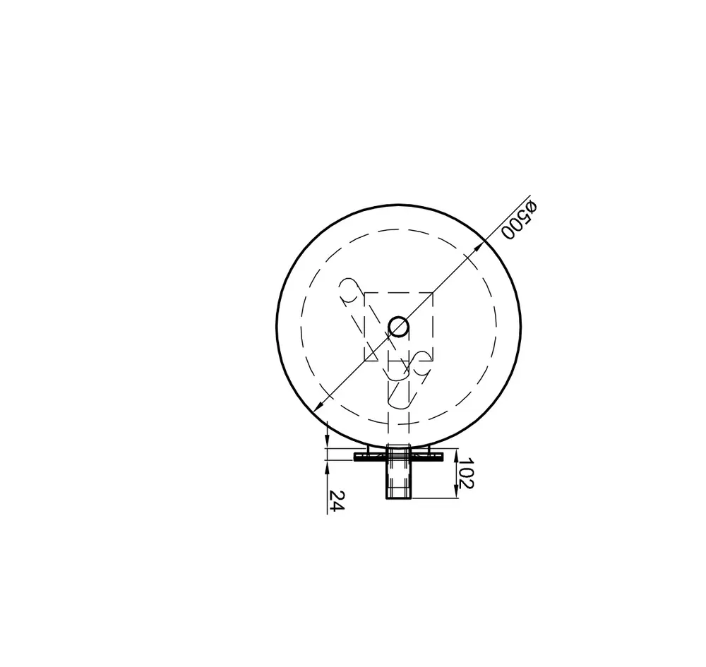 Kreisförmiger TWL Pufferspeicher mit einem zentralen Anschluss, Sicht auf Maße und ein einfaches Konturdiagramm. Sichere Darstellung ohne spezifische Produktinformationen.