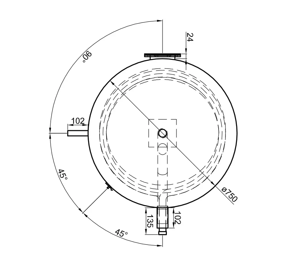 TWL Edelstahl-Solarspeicher, runde Form mit mehreren Anschlüssen, abgebildet aus der Draufsicht. Das Design zeigt Maße und Anschlusswinkel.