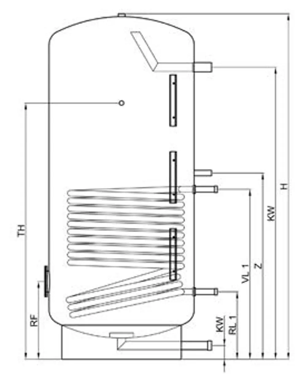 TWL Edelstahl-Standspeicher mit zusätzlichem Wärmetauscher und verschiedenen Anschlüssen für Wasserleitungen, dargestellt in einer technischen Zeichnung.