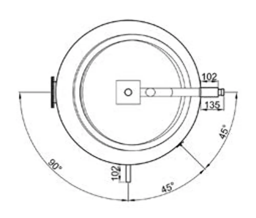 Technische Zeichnung eines runden Edelstahl-Standspeichers mit angeschlossenem Rohrsystem. Darstellung von Maßen und Anschlusswinkeln. TWL Produktdetails sind nicht abgebildet.