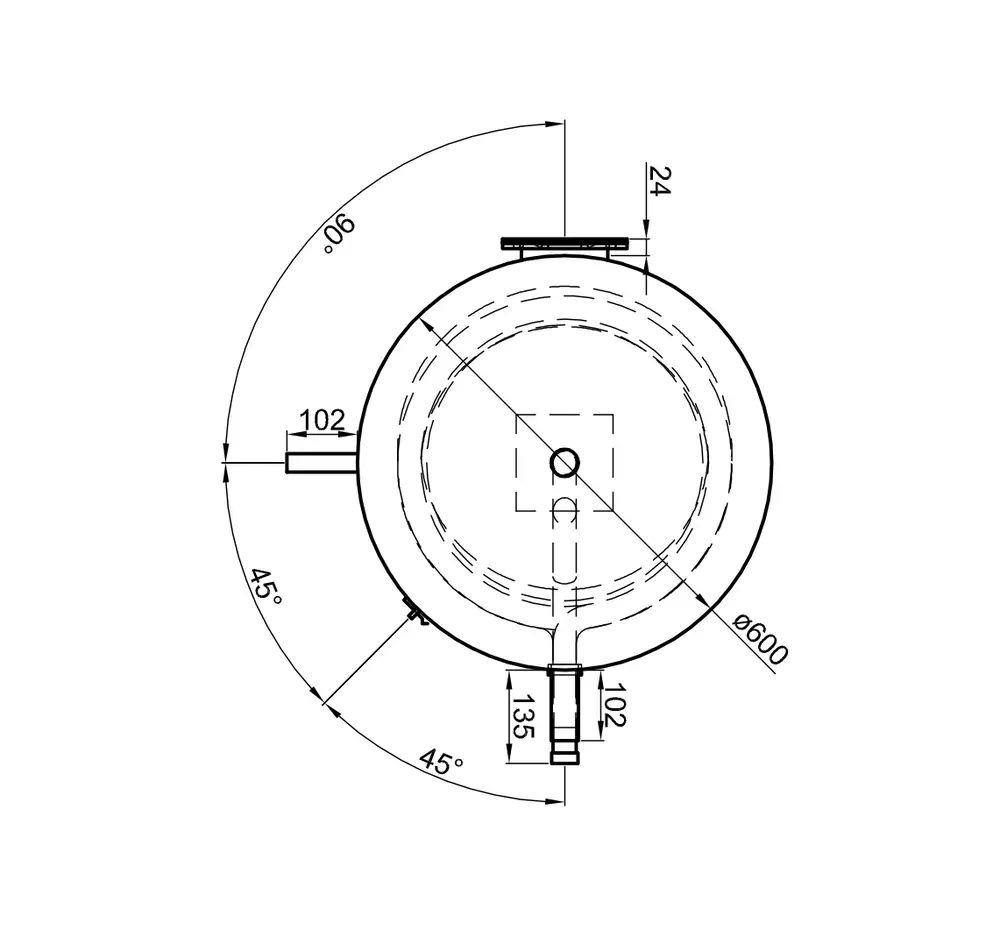 Geometrische Darstellung eines zylindrischen Edelstahl-Standspeichers von TWL mit seitlichen Anschlüssen und spezifischen Maßen in technischer Zeichnung.